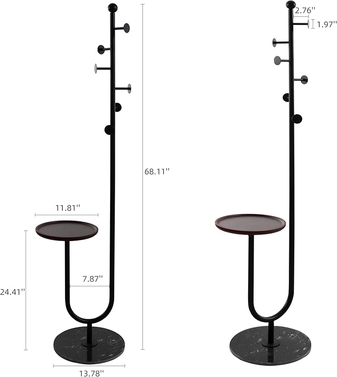 Coat Rack Stand, Metal Coat Tree with Bamboo Tray & 6 Hooks, Heavy Duty Marble Base Corner Coat Stand for Bedroom Hallway Entryway Living Room Office 13.78 x 13.78 x 68.11 Inches (Black)