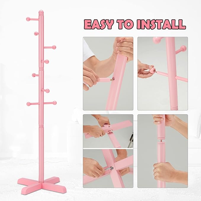 Kids Coat Rack, Freestanding Coat Racks with 8 Hooks 2 Adjustable Height, Tree Coat Rack for Bedroom, Hallway, Entrance, Office, Hats, Handbags,Purse (Pink)
