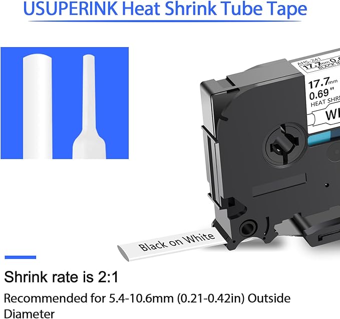 USUPERINK 5PK Compatible for Brother Ptouch HSe-241 HSe241 HS-241 HS241 Black on White 17.7mm 0.69'' Heat Shrink Tubing for Wire Cable for PT-D400 PT-E500 PT-P700 PT-P710BT PT-P750W Label Maker Tape