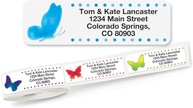 Watercolor Butterflies Rolled Personalized Return Address Mailing Labels with Dispenser, Set of 500, 5 Designs, Small ¾ x 2½ Inch Size, Custom Self-Adhesive Sticker Roll, by Colorful Images