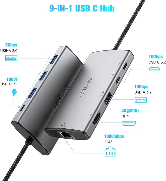RSHTECH 9-in-1 USB C Hub Multiport Adapter with 4K HDMI, 10Gbps USB-3.2 Ports(2C + 1A), 3 USB-3.0 5Gbps Data Ports, 100W PD, Gigabit Ethernet, Aluminum USB-C Dongle for MacBook, Laptops and More
