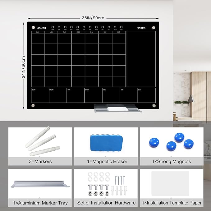 Magnetic Glass Whiteboard 36X24 Monthly Planner Calendar Dry Erase Board for Home, School, Office, Frameless, with Markers, Marker Tray, Eraser, Magnets (Black)