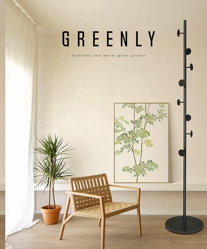 Coat Tree Freestanding, Metal Coat Rack Tree with 8 Hooks, Free Standing Hanger for Hats Scarves Purses Umbrellas, Coat Stands with Stable Base for Entryway Bedroom, Black