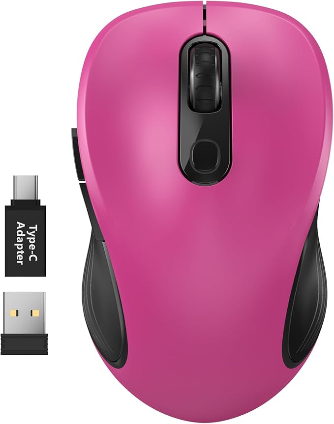 WisFox 2.4G Wireless Mouse for Laptop, Ergonomic Computer Mouse with USB Receiver and Type-C Adapter, 3 Adjustable Levels, 6 Button Cordless Wireless Mice for Windows Mac PC Notebook (Fuchsia)