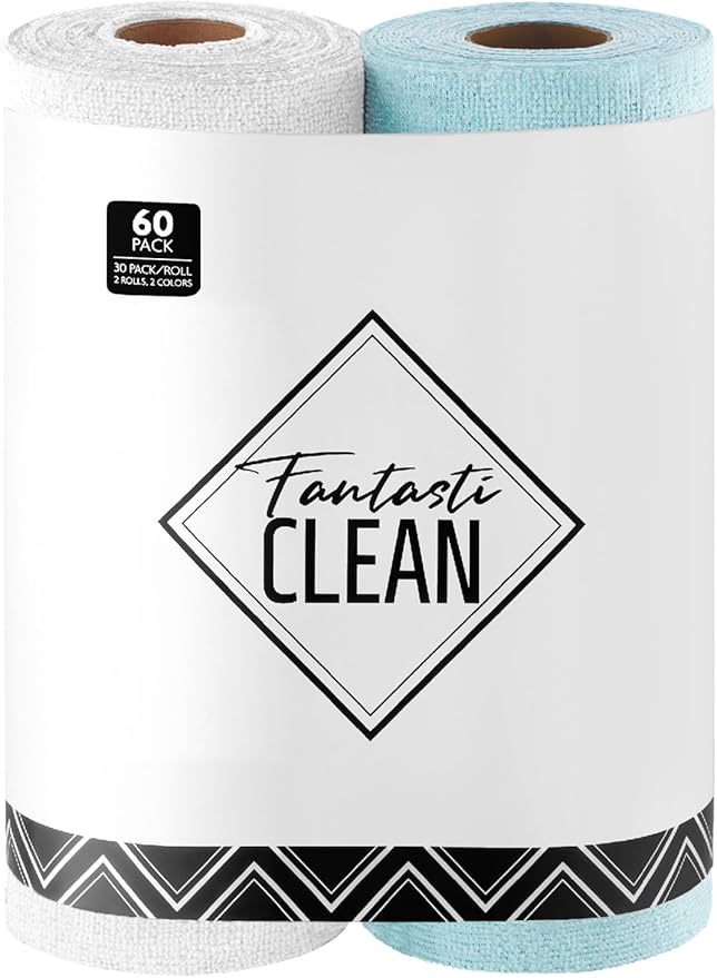 Fantasticlean Microfiber Cleaning Cloth Roll -60 Pack, Tear Away Microfiber Towels, 12" x 12", Reusable, Washable, Scratch Free, Ultra Absorbent Dish Rags for Car, Home, Garage or Shop (White & Blue)