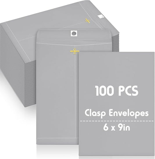 Geyee 100 Pcs Clasp Manilla Envelopes 6 x 9 Inch Gummed Colored Envelopes for Storing or Mailing for Home Office Business Supplies(Gray)