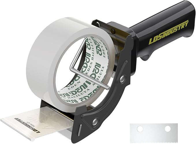 Rapid-Replace Tape Dispenser Gun with 2 Inch X 60 Yard Tape Roll (Transparent) and Extra Blade, Lightweight Ergonomic Heavy Handheld Duty Tape Cutter for Packaging and Box Sealing Black