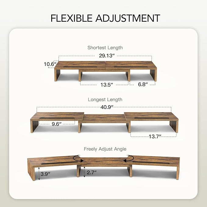 AMERIERGO Dual Monitor Stand Riser- 3 Shelf Screen Stand with Adjustable Length and Angle, 2 Extra Functional Slot Desktop Organizer Stand for PC, Computer, Laptop (Rustic Brown)