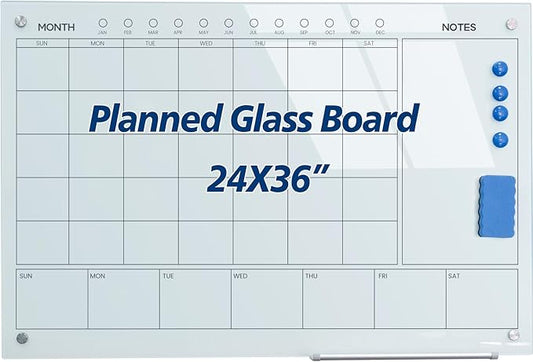 Magnetic Glass Whiteboard 36X24 Monthly Planner Calendar Dry Erase Board for Home, School, Office, Frameless, with Markers, Marker Tray, Eraser, Magnets (White)