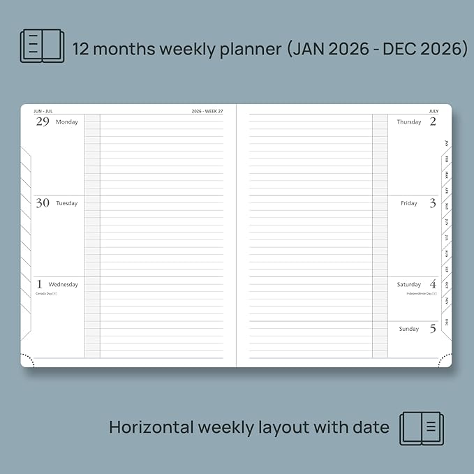 POPRUN Weekly Planner 2026 Calendar (Large 8.5" x 10.5") 12 Months Notebook with Horizontal Layout, Leather Hardcover, Inner Pocket, 100GSM Thick Paper, Pen Holder - Lavender