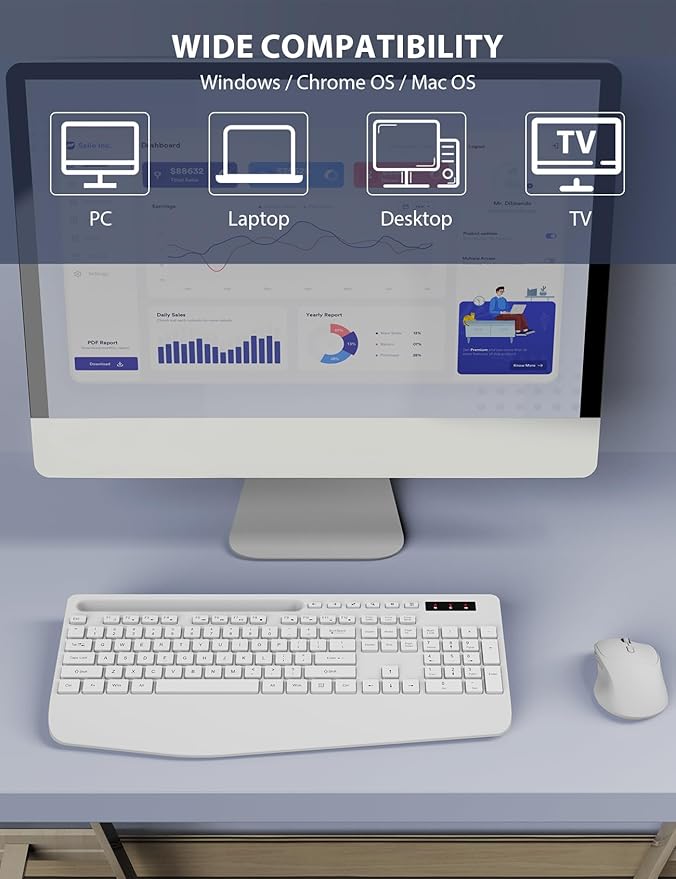 Wireless Keyboard and Mouse Combo - Full-Sized Ergonomic Keyboard with Wrist Rest, Phone Holder, Sleep Mode, Silent 2.4GHz Cordless Keyboard Mouse Combo for Computer, Laptop, PC, Mac, Windows,White