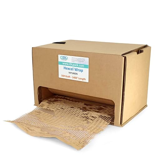 IDL Packaging Original HexcelWrap Honeycomb Packing Kraft Paper 15.25" x 1400' Roll in Self-Dispensed Box, Brown - The First Patented Interlocking Slit Paper Design for Shipping