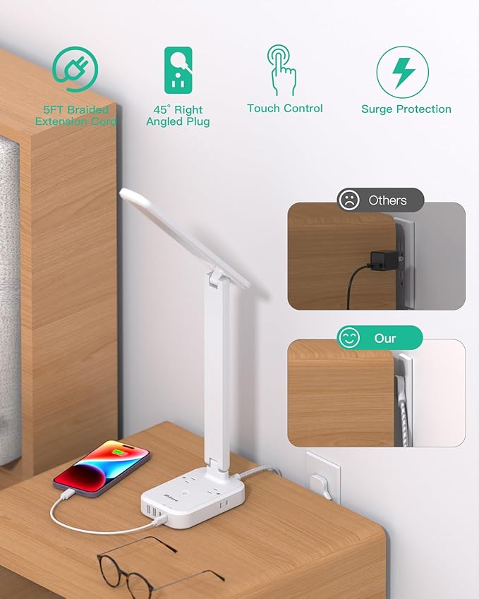 Power Strip with LED Desk Lamp, PD 30W Touch Desk Lamps, 4 Outlets 4 USB Ports(2 USB C) Small Desk Lamp 5FT Extension Cord Table Lamp for Home Office College Dorm Room Essentials Bedroom Bedside Study