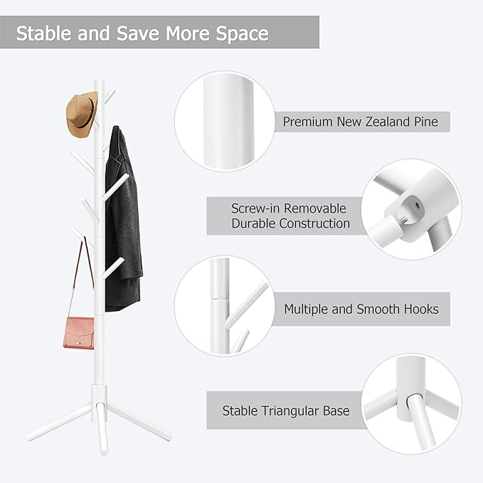Wooden Coat Rack, Free Standing Coat Rack with 8 Hooks 3 Adjustable Heights for Clothes, Hats, Handbags, Coat Tree Easy Assembly for Entryway, Bedroom, Hallway, Office (New White)