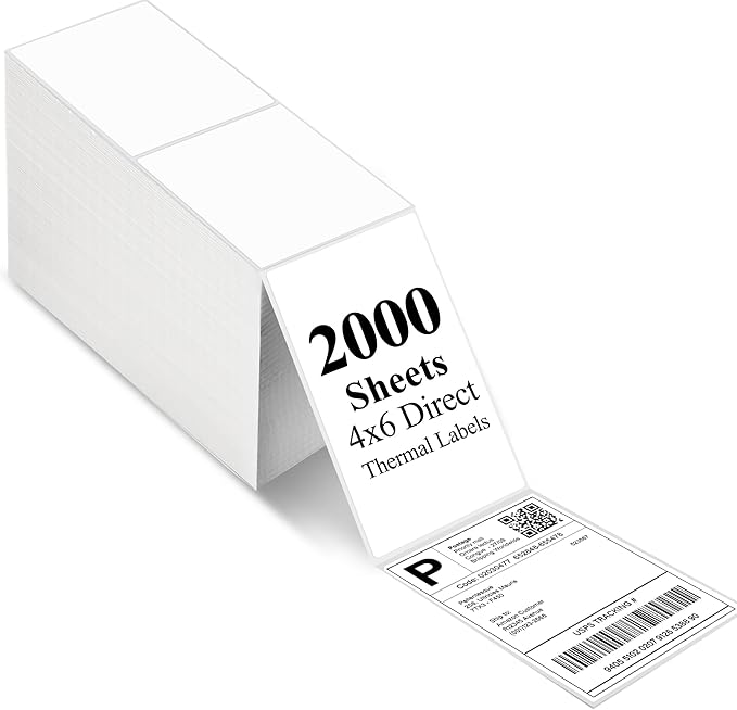 LotFancy 4x6 Thermal Labels, 2000 Shipping Labels, Perforated, White Postage Mailing Labels Compatible with Zebra, Rollo, Elton Thermal Printer, Permanent Adhesive
