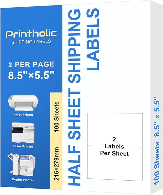 200 Half Sheet Self Adhesive Shipping Labels 8.5" x 5.5" Compatible with for Laser & Inkjet Printers - 100 Sheets, 2 Labels Per Page
