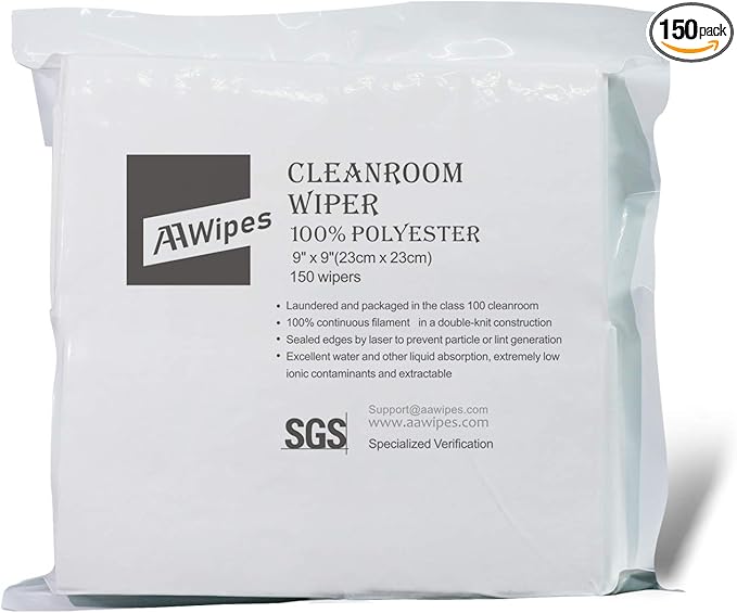 AAWipes Cleanroom Cloth Wipes 9"x9" (Bag of 150 Pcs) Double Knit 100% Polyester Wipers Lint Free Cloths with Ultra-fine Filaments, Laser Sealed Edge, Class 100 Cloths, Ultra-soft Wipes CP14009