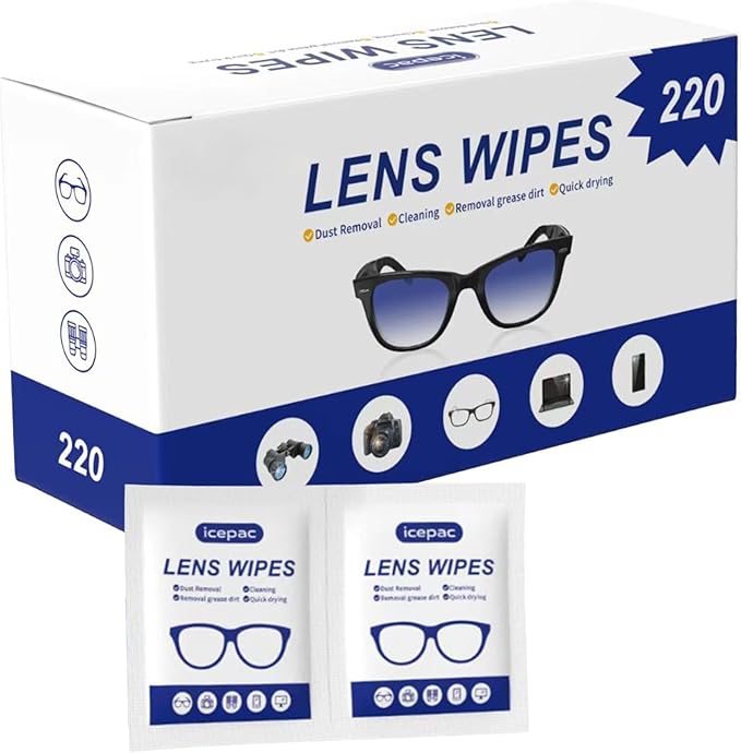 Eyeglass Cleaner Wipes, Sunglasses, Screens - Gentle and Portable for On-the-Go Cleaning of Devices, Lens Wipes for Eyeglasses, Wet Lens, Camera Lenses, Laptops, Etc. Individually Packaged（220 PCS）