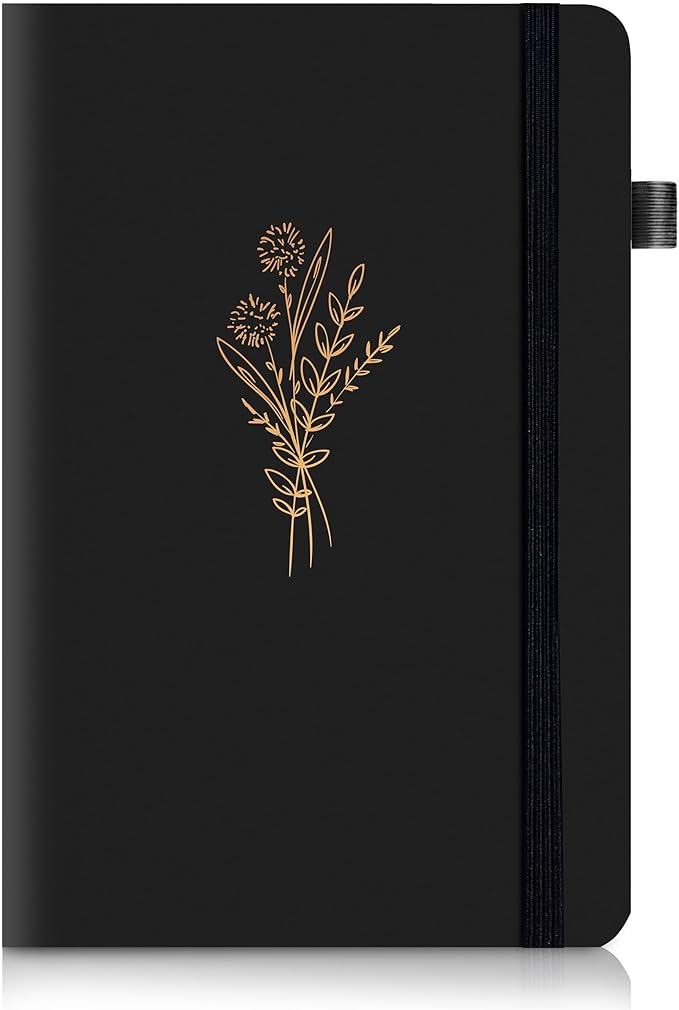 Lined Journal Notebook for Women Cute Leather Journals for Writing Aesthetic Floral Diary 192 Pages A5 Hardcover Journaling Notebooks with Pen Loop, 5.7 x 8.3 In, Black