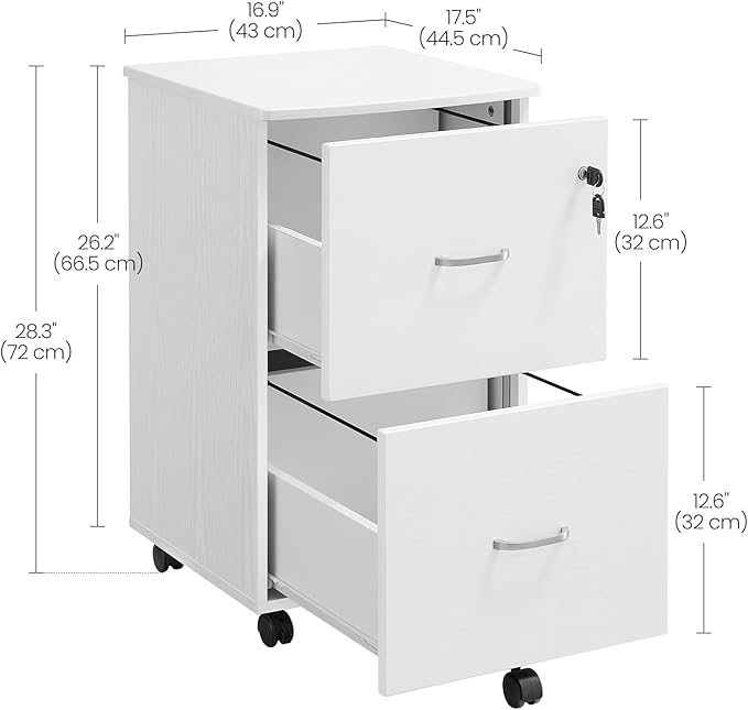 VASAGLE 2-Drawer File Cabinet, Locking Filing Cabinet for Home Office, Small Rolling Printer Stand, A4, Letter-Size Hanging Files, Assembly Required, White ULCD027T46V2