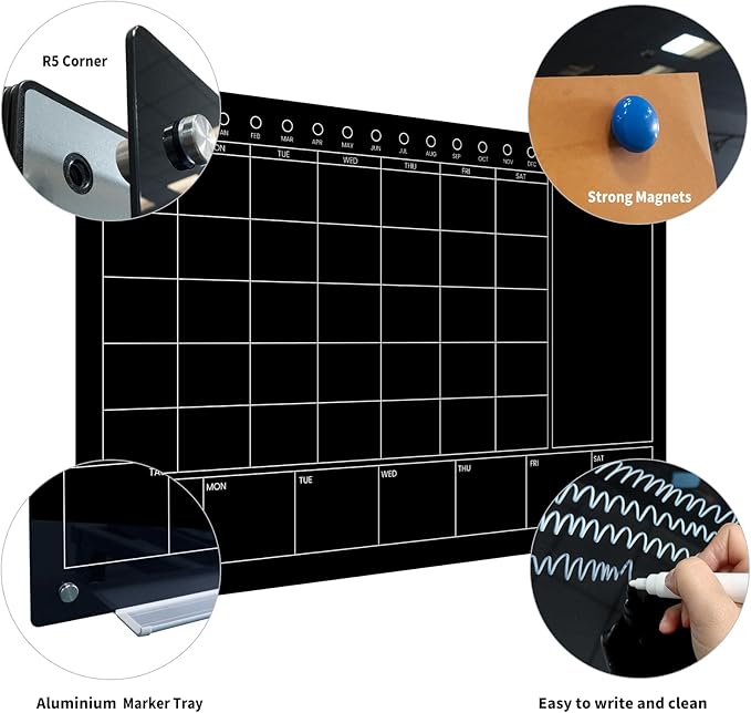 Magnetic Glass Whiteboard 36X24 Monthly Planner Calendar Dry Erase Board for Home, School, Office, Frameless, with Markers, Marker Tray, Eraser, Magnets (Black)