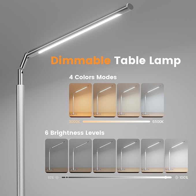 Metal Desk Lamp for Home Office - Foldable LED Table Lamp for Reading, 4 Color & 6 Brightness, 15W Dimmable Desk Light with Flexible Arm, Eye-Caring Desktop Lamp for College Dorm, Silver