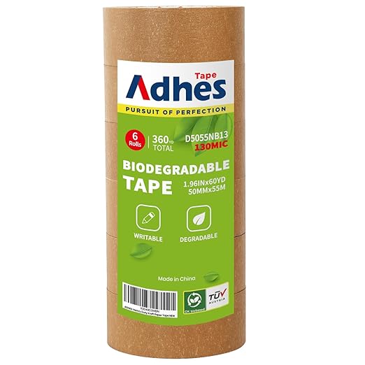 ADHES Kraft Paper Tape, 2 Inch x 60 Yards x 6 Rolls, Biodegradable Paper Packing Tape Writable & Uncoated Brown Shipping Tape for Shipping, Moving, Sealing