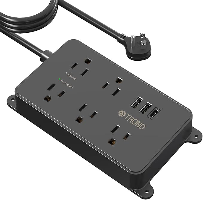 TROND Surge Protector Power Strip with USB, 10ft Extension Cord, ETL Listed, 5 Widely-Spaced Outlets with 3 USB Ports, 1300J, Low-Profile Flat Plug, Wall Mountable, 14AWG Heavy Duty, Black