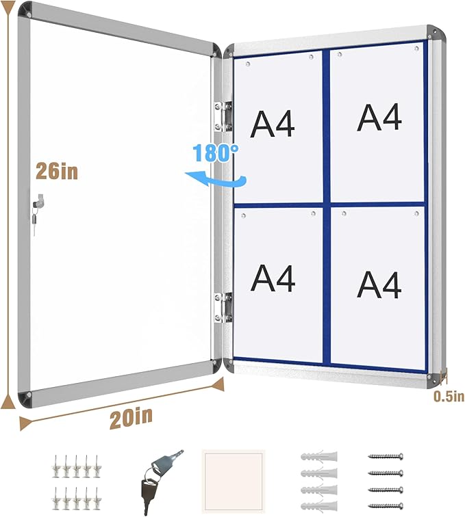 26"x20" Enclosed Bulletin Board, Lockable Weather-Resistant Aluminum Cork Noticeboard for School & Office, Silver Frame w/Blue Flet
