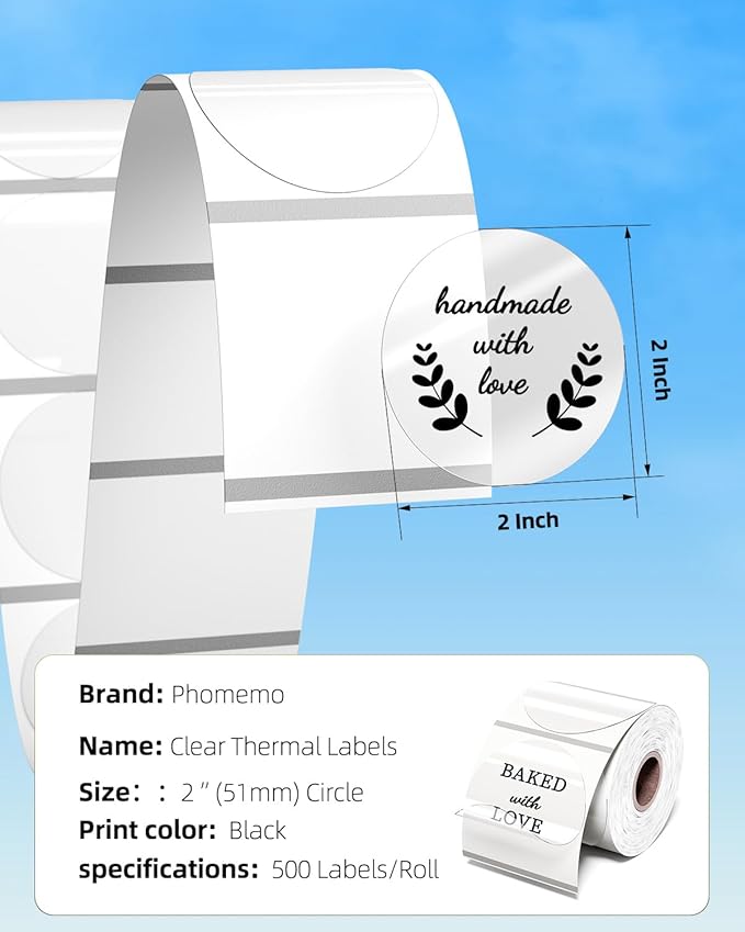 Phomemo 2 Inch Transparent Round Thermal Label, Multi-Purpose Clear Labels for D520BT 249WiFi Thermal Printer for, Self-Adhesive Circle Sticker Label for Personalized & Business Logo - 500pcs / Roll
