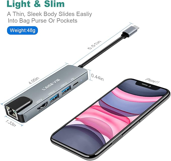 USB C Hub, 5 in 1 USB C 4K@32Hz HDMI Adapter with Ethernet Port, 100W Power Delivery PD Type C Charging Port, USB 3.0& 2.0 Adapter Compatible for MacBook Pro, Chromebook, XPS, and Devices