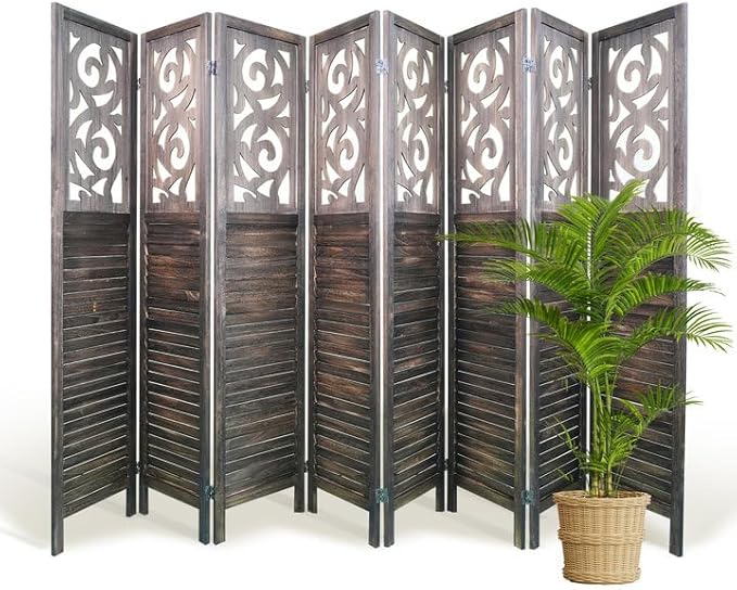Room Divider, 5.6FT Folding Room Divider Panel, 8 Panel Craved Wood Partition Wall Divider for Room Separation, Rustic Brown