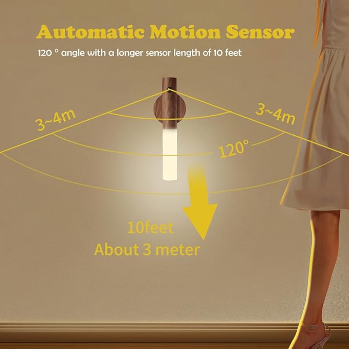 LANDGOO Wooden Motion Sensor Lights Indoor, Magnet Body Hallway Rechargeable LED Wireless Battery Operated Wall Sconce, Portable Decor Torch Night Lighting for Bedroom (Walnut Wood 2PCS)