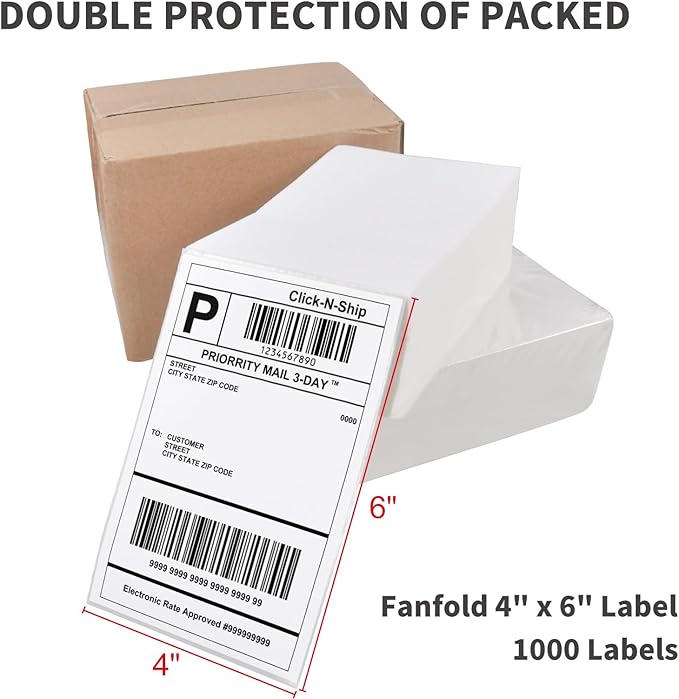 L LIKED 1000 Fanfold 4" x 6" Direct Thermal Labels, with Perforated line for Thermal Printers - Compatible with Zebra & Rollo Printer (4" x 6" - 1000 Labels)