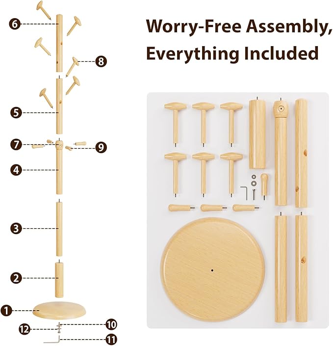 Solid Wood Coat Rack Freestanding Coat Tree with 10 Hooks for Bedroom, Livingroom, Entryway, Sturdy Coat Hanger Stand for Hats, Coats, Scarves, Handbags, Purses