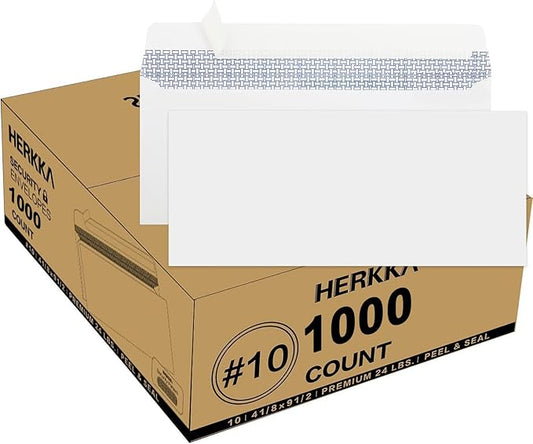 HERKKA #10 Security Self-Seal Envelopes, No.10 Windowless Bussiness Envelopes, Security Tinted with Printer Friendly Design - Size 4-1/8 x 9-1/2 Inch - White - 24 LB - 1000 Pack