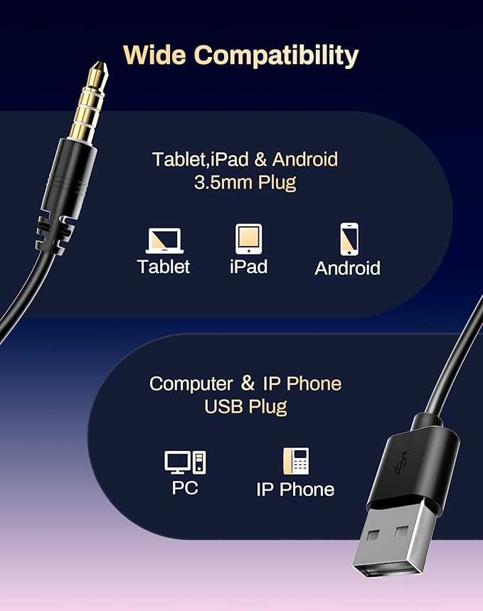 USB Headset with Microphone for PC & Laptop - Noise Reduction On-Ear Wired Headphones with in-Line Volume Control, Call Answer Button for MS Teams, IP Phones, Work, Zoom, Skype