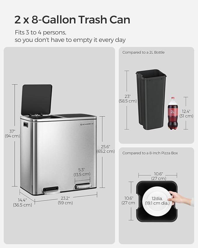 SONGMICS Trash Can, 2 x 8 Gallon (2 x 30 L) Garbage Can for Kitchen, with 15 Trash Bags, 2 Compartments, Plastic Inner Buckets and Hinged Lids, Airtight, Silver and Black ULTB60NL