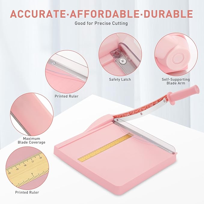 Paper Cutter, Paper Slicer with Safety Guard and Blade Lock, 12" Cut Length Guillotine Paper Cutter with 16 Sheet Capacity, Paper Cutters and Trimmers for Cardstock Cardboard (Pink)