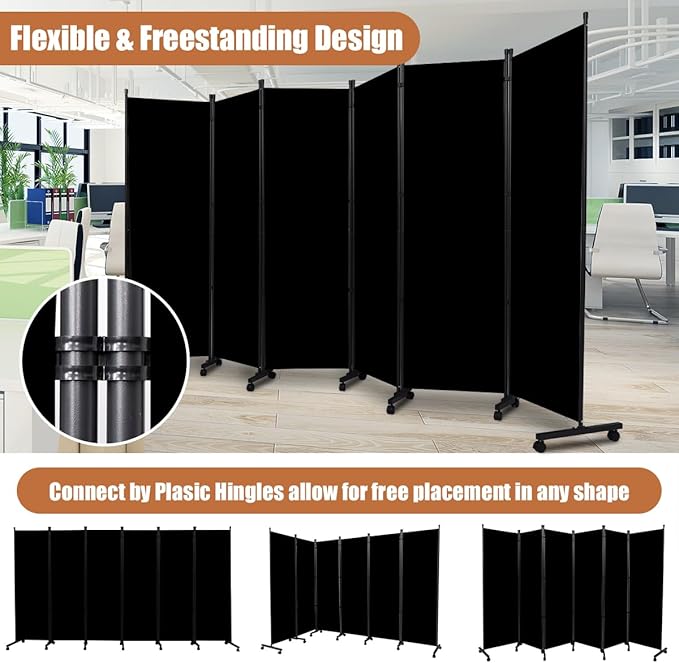 Room Divider Portable 132'' Partition Room Dividers and Folding Privacy Screens 6 Panel Wall Divider for Room Separation, Freestanding Fabric Room Divider Panel with Wheels for Home Office Hospital