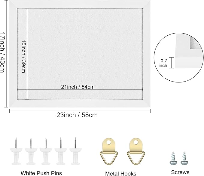 TORASO Cork Board Bulletin Board, Cork Boards for Walls with Pins, Eye Bolts, gaskets, Screws, Pin Board for Office, School and Home (White, 17“x23-1P)