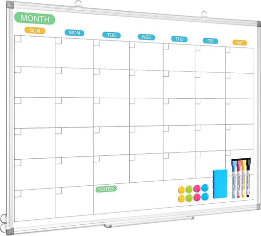 WALGLASS Dry Erase Calendar Whiteboard for Wall, 36" x 24" Double-Sided Monthly Calendar White Board with Silver Aluminum Frame, Hanging or Wall Mount Large Whiteboard for Home, Office, School