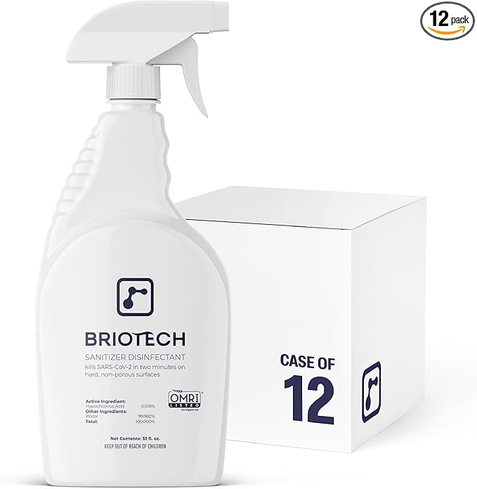BRIOTECH Sanitizer Disinfectant Hypochlorous Spray, Kill 99.99% of Viruses & Bacteria, Control Mold, Eliminate Odor, Gentle for Nursery & Play Rooms, Food Contact Surface Sanitizer, 32 fl oz (12 Pack)