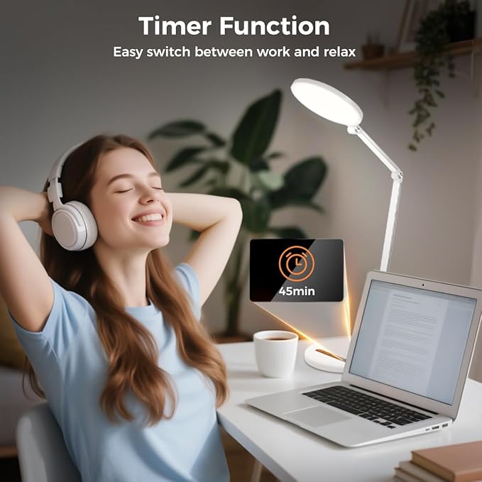 LED Desk Lamp for Home Office, Eye-Caring Desk Light for Video Call, Dimmable 3 Color Temperature 10 Brightness Computer Light, Led Desk Light, Memory & Timer Func, Adjustable Flexible Swing Arm