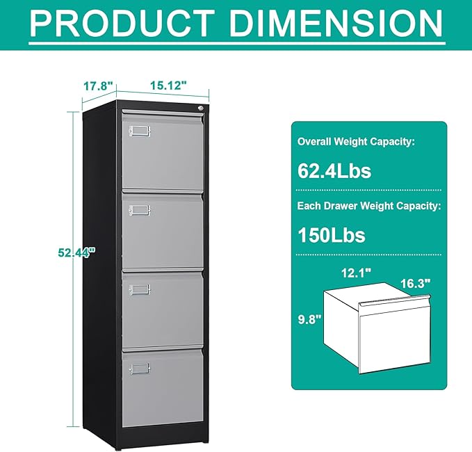 SISESOL 4 Drawer Vertical File Cabinet with Lock,Steel Filing Cabinet, Metal Filing Cabinets for Home Office Organizer Storage Cabinets Letter Size/A4/Legal,-Assembly Required