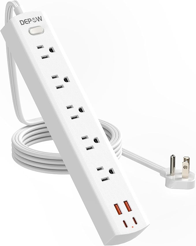 Power Strip Surge Protector with 5 AC Outlets(1875W/15A) 4 USB Ports (2 USB C), 5 Ft Ultra Thin Extension Cord, Low Profile Flat Plug, 1700 Joules, Wall Mount for Home Office, White