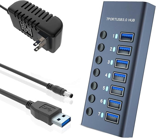 MaxLax 7 Port Aluminum USB 3.0 hub with 7 Port USB Data Transfer,36W (12V/3A) Power Adapter USB Splitter Independent Switch