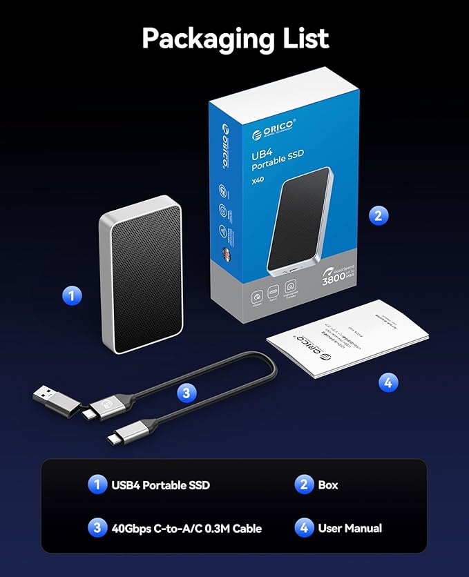 ORICO 1TB USB4.0 External SSD 3800MB/s(40Gbps) - Ultra-Fast Portable NVMe SSD, Compatible with Thunderbolt 3/4, Fanless Aluminum Design for Photographers, Video Editors X40