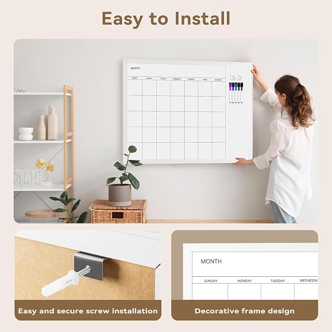 VUSIGN Magnetic Dry Erase Calendar White Board for Wall, 30"x20" Calendar Whiteboard, White Wood Style Frame, Includes 2 Magnets and 5 Markers