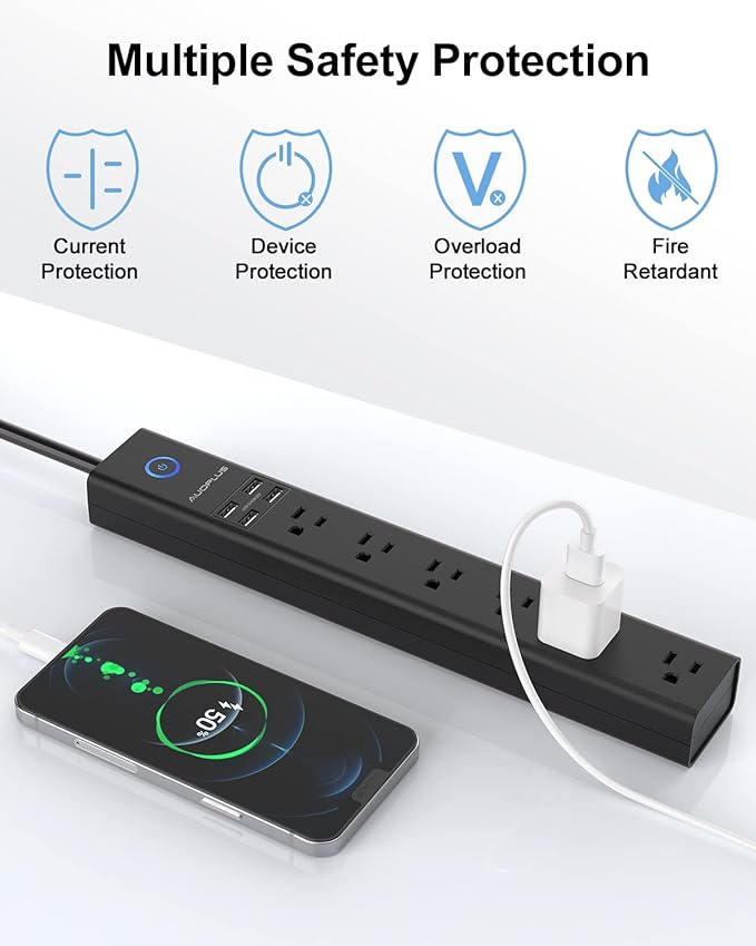 Surge Protector Power Strip with USB, AUOPLUS 10FT Outlet Strip, 6 Outlet and 4 USB Charger,[Flat Plug/Wall Mountable], 1250W/10A/2100J, Long Extension Cord for Computer iPhone Home Office Dorm